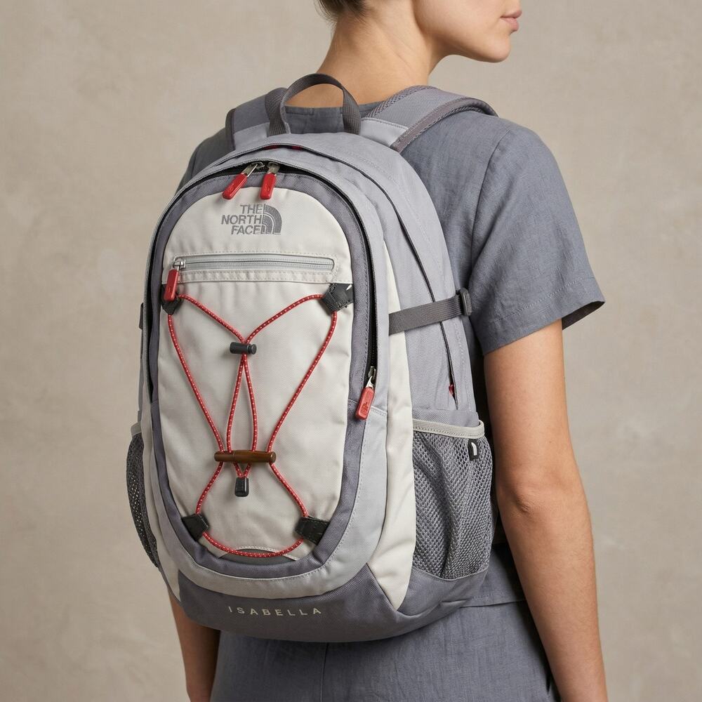 The North Face Women's Isabella Backpack Gray Cream Bungee Hiking School OS